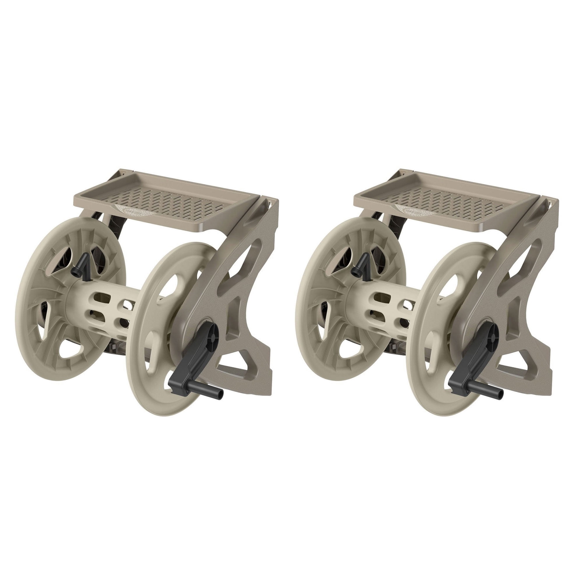 Suncast Beige Plastic Wall-Mounted Garden Hose Reel with Storage Tray, 200 Feet Capacity