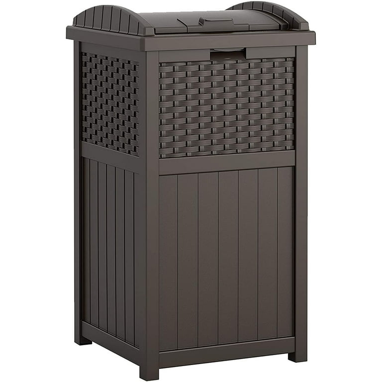 33 gal. Hideaway Trash Can for Patio Resin Outdoor Trash with Lid - Use in Backyard, Deck, or Patio White