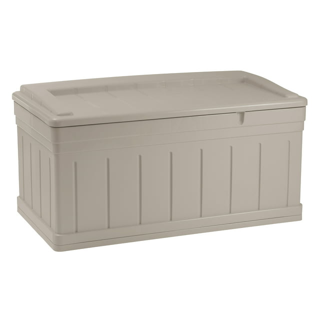 Suncast Horizontal 129 Gallon Stay Dry Outdoor Deck Storage Box Resin with Seat, Taupe, 10.1 in D x 10.1 in H x 10.1 in W, 47 lb
