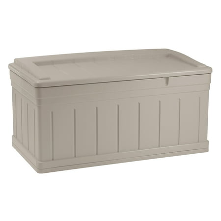 Suncast Horizontal 129 Gallon Stay Dry Outdoor Deck Storage Box with Seat, Taupe