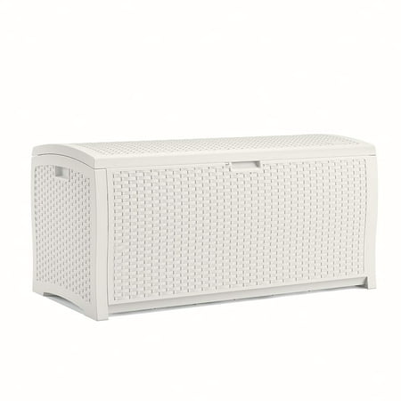 Suncast - 99 Gallon Heavy Duty Resin Wicker Horizontal Outdoor Deck Box - White
