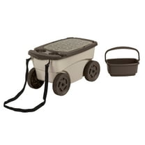 Suncast Resin Outdoor Rolling Garden Cart Scooter with Wheels and Pull Strap, Light Taupe