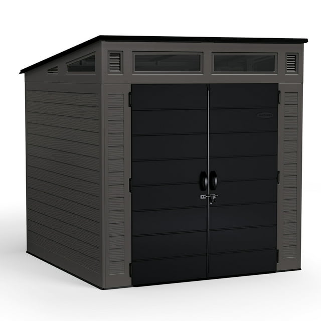 Suncast Resin Modernist Outdoor Storage Shed, Black and Gray, 86.5 in D x 89.5 in H x 87.5 in W