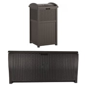 Suncast Trash Hideaway Resin Wicker Style Garbage Bin & 99 Gallon Deck Box, Java
