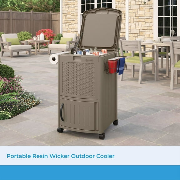 Suncast Wicker Outdoor Patio Cooler Cart with Cabinet, Java Brown