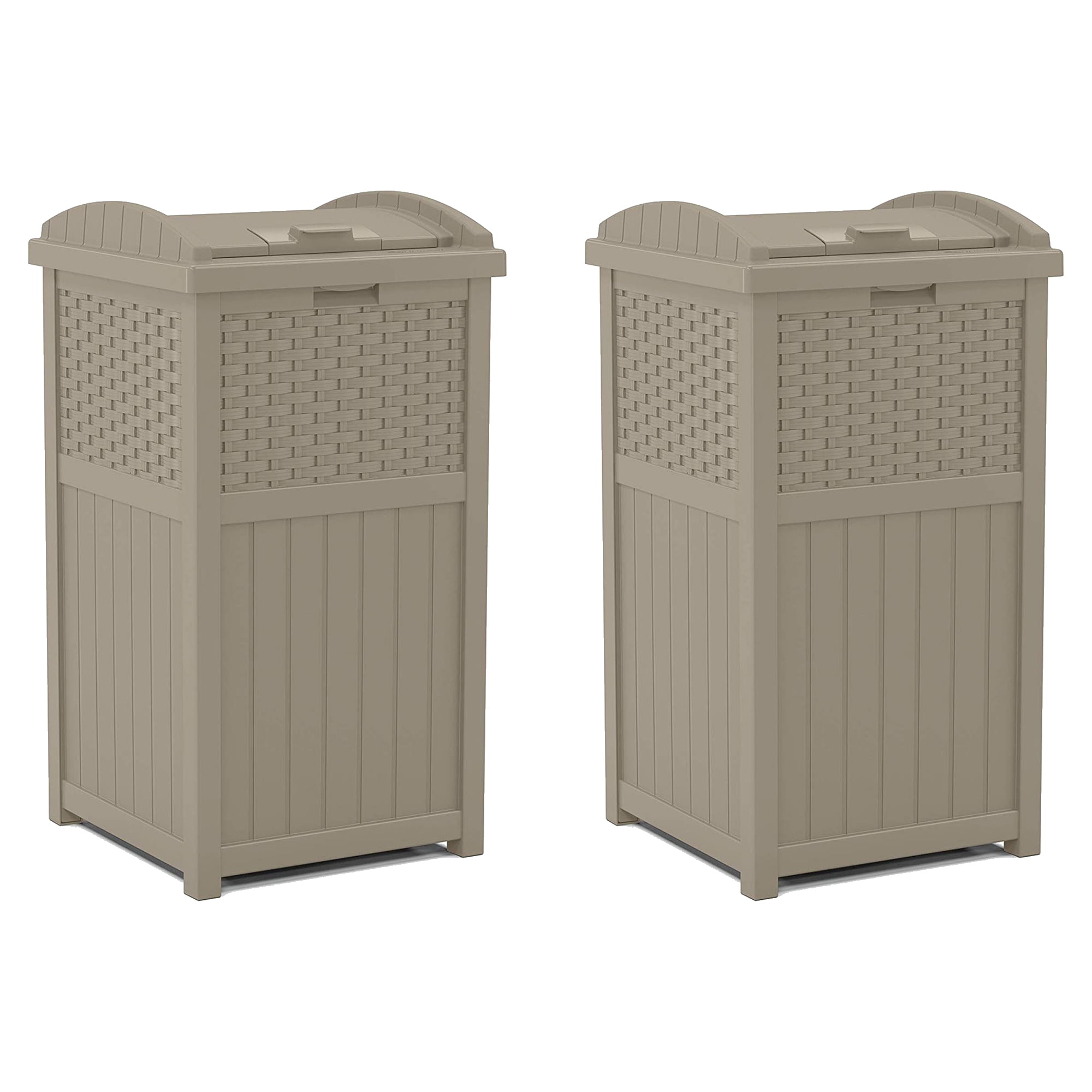 Suncast Wicker Plastic Hideaway Trash Can w/Lid, Dark Taupe (2 Pack)