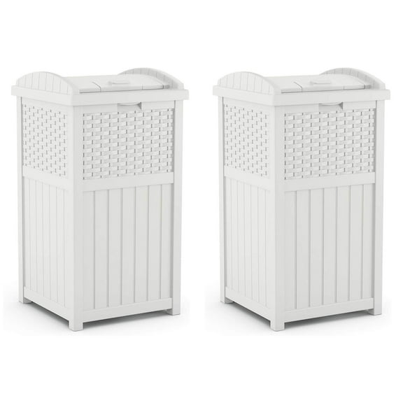 Suncast Wicker Resin Outdoor Hideaway Trash Can Bin with Latching Lid (2 Pack)