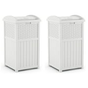 Suncast Wicker Resin Outdoor Hideaway Trash Can Bin with Latching Lid 2 Pack