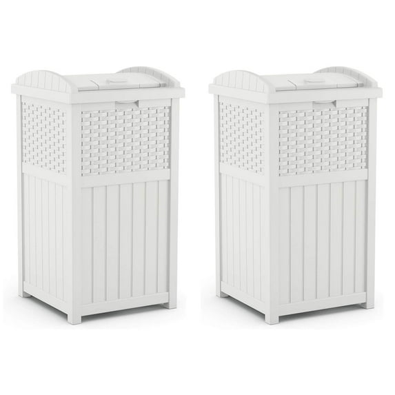 Suncast Wicker Resin Outdoor Hideaway Trash Can Bin with Latching Lid (2 Pack)