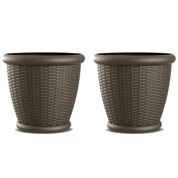 Suncast Willow 18" Diameter Decorative Wicker Planter Pot, Java (2 Pack)