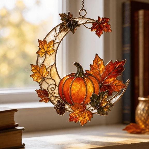 Suncatcher Autumn Pumpkin Moon Stained Glass Window Hanging for Fall Decorating