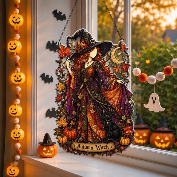 Suncatcher Autumn Witch Acrylic Window Hanging for Halloween Decor Lovers