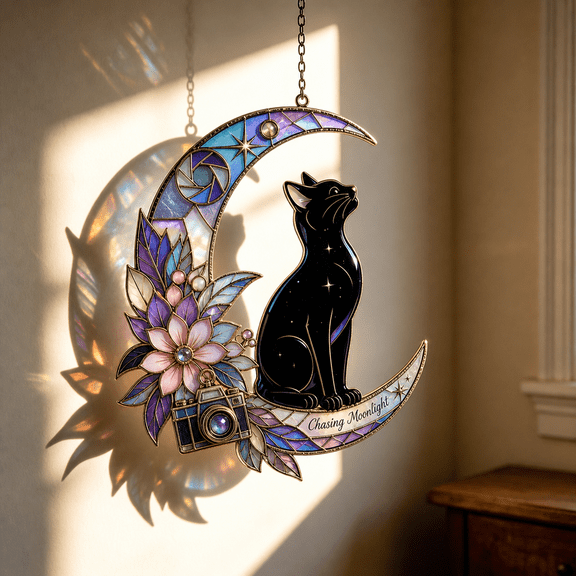 Suncatcher Black Cat Moonlight Glass Window Hanging for Photographers and Cat Lovers