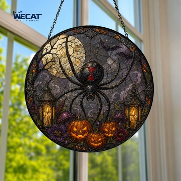 Suncatcher Black Spider and Pumpkin Stained Glass Window Hanging for Halloween Decor