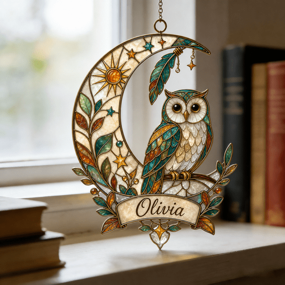 Suncatcher Boho Owl Personalized Name Acrylic Window Hanging for Owl Lovers