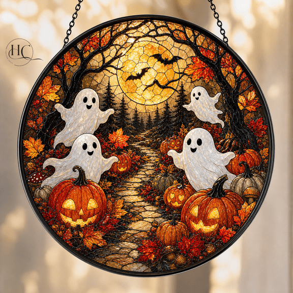 Suncatcher Boo Pumpkin Stained Glass Style Window Hanging for Halloween Decor