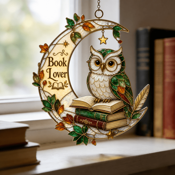 Suncatcher Book Lover Owl Moon Stained Glass Window Hanging for Readers and Bird Lovers