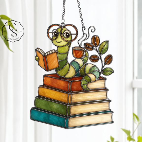 Suncatcher Bookworm Reading with Coffee Acrylic Window Hanging for Book Lovers