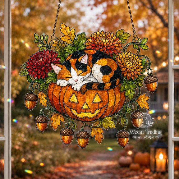 Suncatcher Calico Cat Pumpkin Floral Acrylic Window Hanging for Cat Lovers