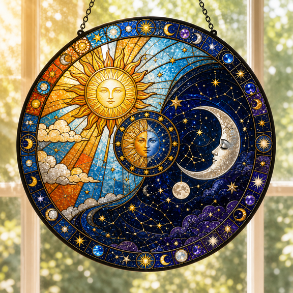 Suncatcher Celestial Sun and Moon Stained Glass Window Hanging for Boho Home Decor