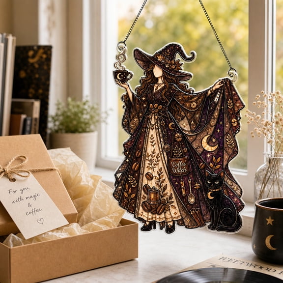 Suncatcher Coffee Witch Halloween Acrylic Window Hanging for Witchy Kitchen Decor