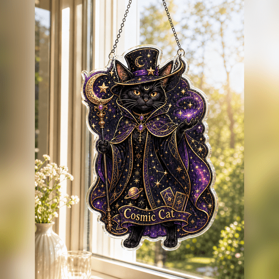 Suncatcher Cosmic Cat Witch Acrylic Window Hanging for Halloween Decor Lovers