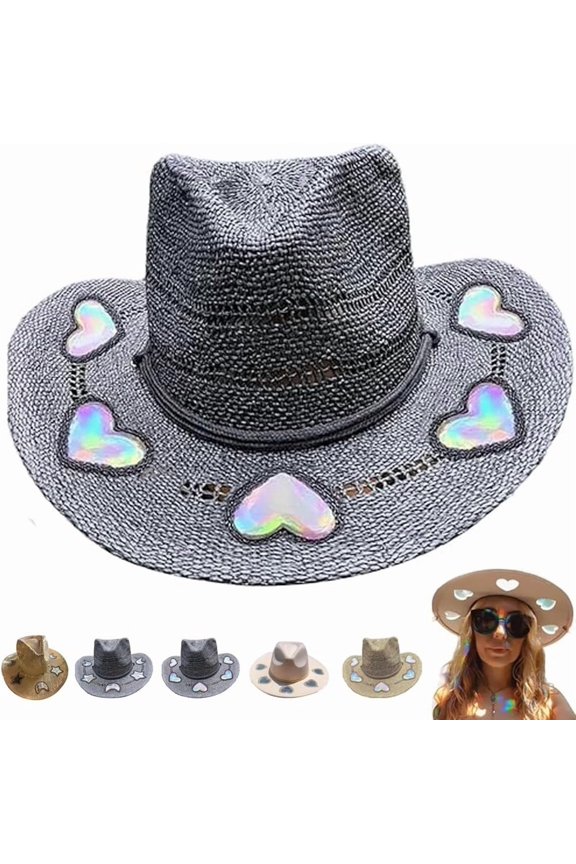 Suncatcher Cowgirl Straw Prism Hat, Handmade Celestial Suncatcher Hat Cosmic Cowboy Tan Beach Rainbow Moon and Stars