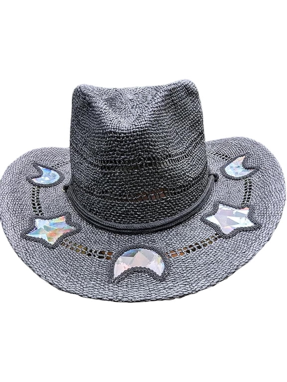 Suncatcher Cowgirl Straw Prism Hat, Iridescent Western Wide Brim Sun with Moon & Stars, UV Protection Summer Cowboy Hat