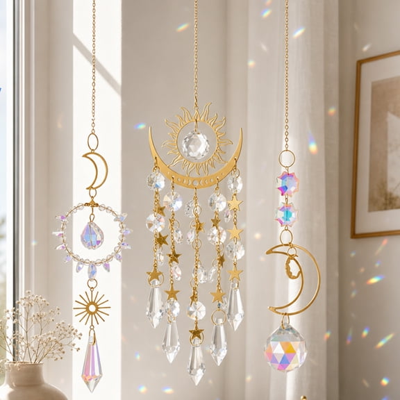 Suncatcher Crystal Wind Chimes - Large Sun and Moon Sun Star Catcher for Windows Hanging Prism Crystals Boho Home Garden Backyard Room Ceiling Decor