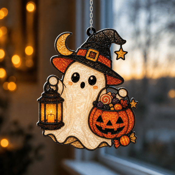 Suncatcher Cute Ghost and Witch Hat Pumpkin Window Hanging for Halloween Lovers