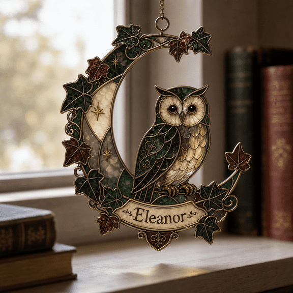 Suncatcher Dark Academia Owl Acrylic Window Hanging Personalized Name Gift for Book Lovers