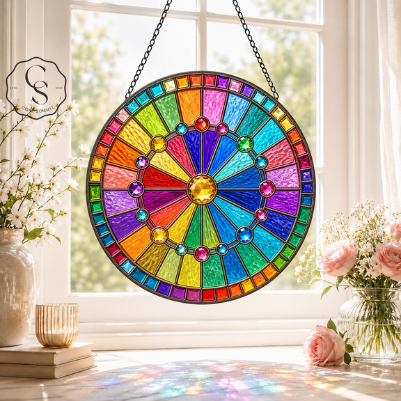 Suncatcher Double-Ring Rainbow Starburst Stained Glass Window Hanging Gift for Mom