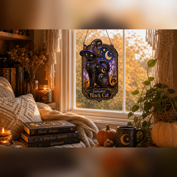 Suncatcher Enchanted Black Cat Acrylic Window Hanging for Halloween Cat Decor