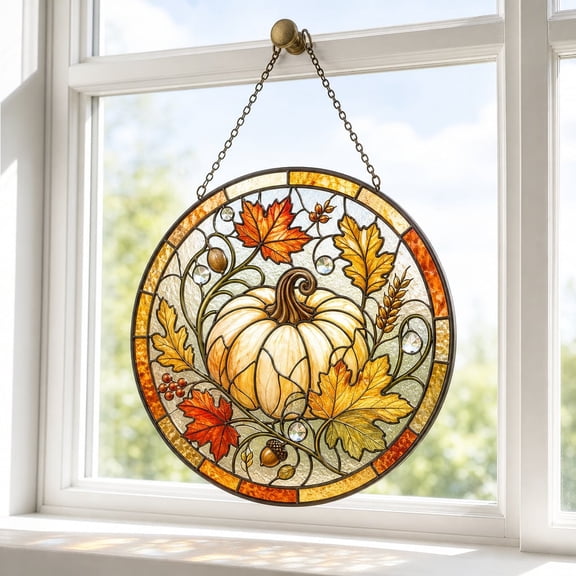 Suncatcher Fall Pumpkin Stained Glass Style Window Art Thanksgiving Decor