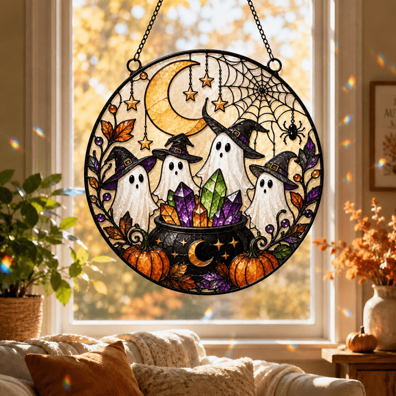 Suncatcher Ghost Pumpkin Stained Glass Window Hanging for Halloween Decor Lovers