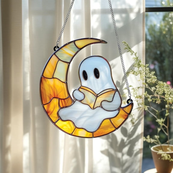 Suncatcher Ghost Reading Book On Moon Acrylic Hanging, Reading Book Suncatcher, Reading Book Suncatcher, Reading Gifts, Book Lover Gift