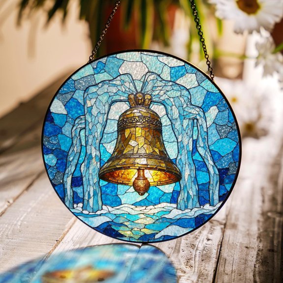 Suncatcher Glass Golden Bell Winter Scene Christmas Gift For Mom, Suncatcher Window Hanging, 3.5 in
