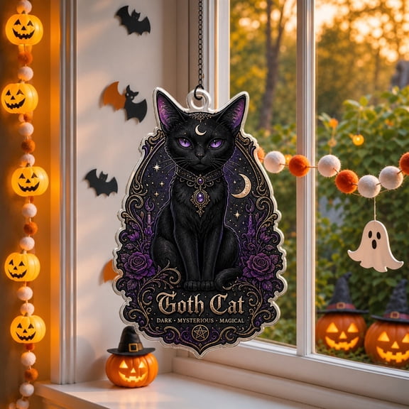 Suncatcher Goth Cat Acrylic Window Hanging Ornament for Halloween Decor
