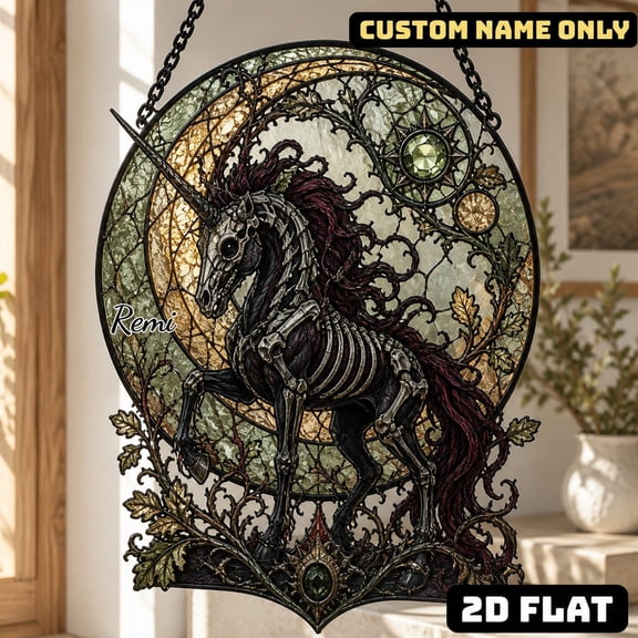 Suncatcher Gothic Skeleton Unicorn Faux Stained Glass Window Hanging for Dark Fantasy Decor