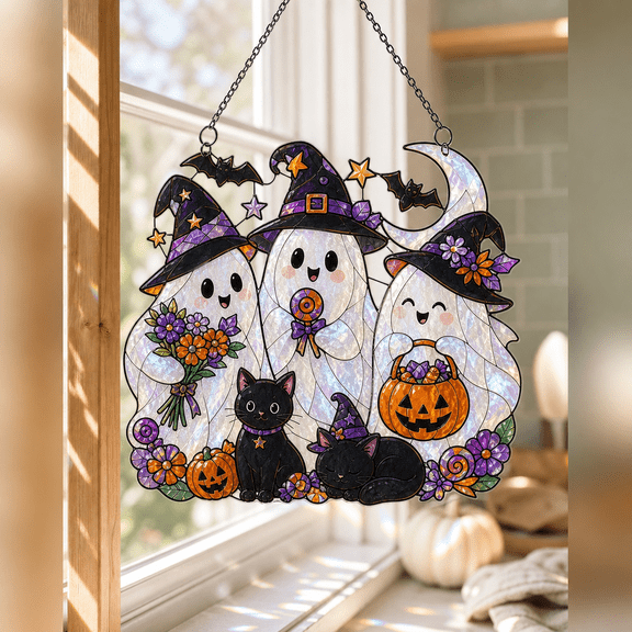Suncatcher Halloween Ghost Cat Pumpkin Stained Glass Window Hanging for Halloween Decor