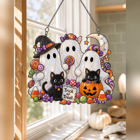 Suncatcher Halloween Ghost Cat Pumpkin Stained Glass Window Hanging for Trick or Treat Decor