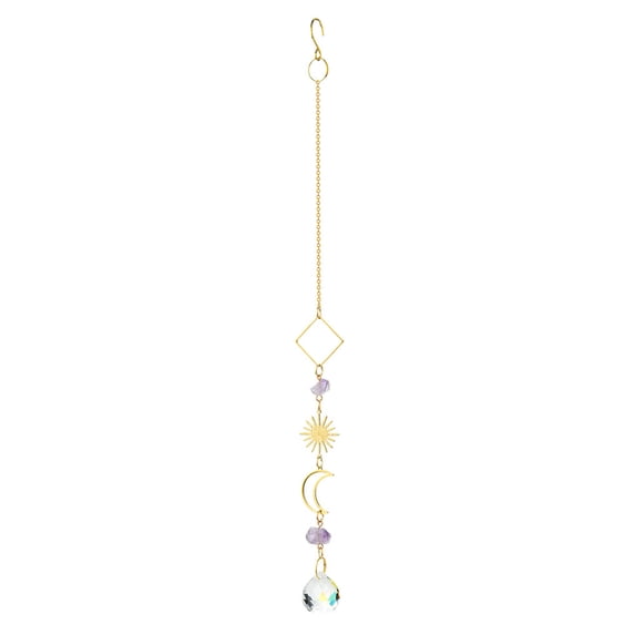 Suncatcher Hanging Ornament, Purple Amethyst Sun Moon Stars Crystal Prism for Window Garden Home Patio Decor Dreamy Celestial Sun Catcher Pendant Glass Artwork Piece.