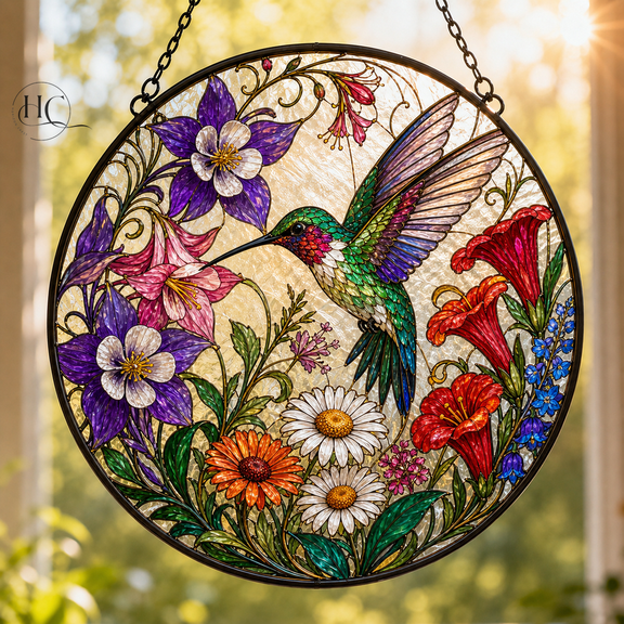 Suncatcher Hummingbird and Wildflowers Stained Glass Window Hanging Gift for Mom or Grandma