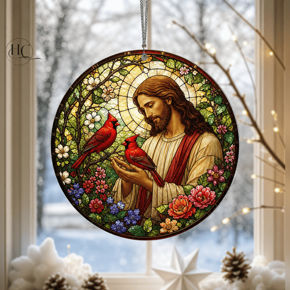 Suncatcher Jesus and Cardinal Stained Glass Window Hanging for Christian Grandma