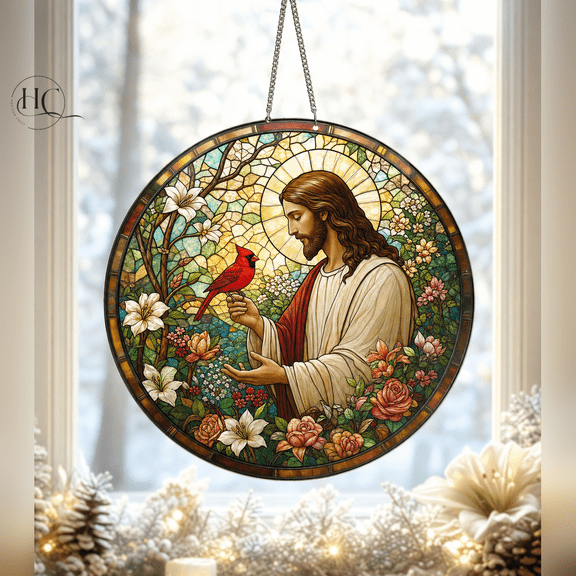 Suncatcher Jesus and Cardinal Stained Glass Window Hanging for Christian Memorial Gift