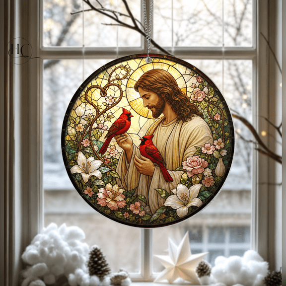 Suncatcher Jesus and Cardinal Stained Glass Window Hanging for Christian Moms