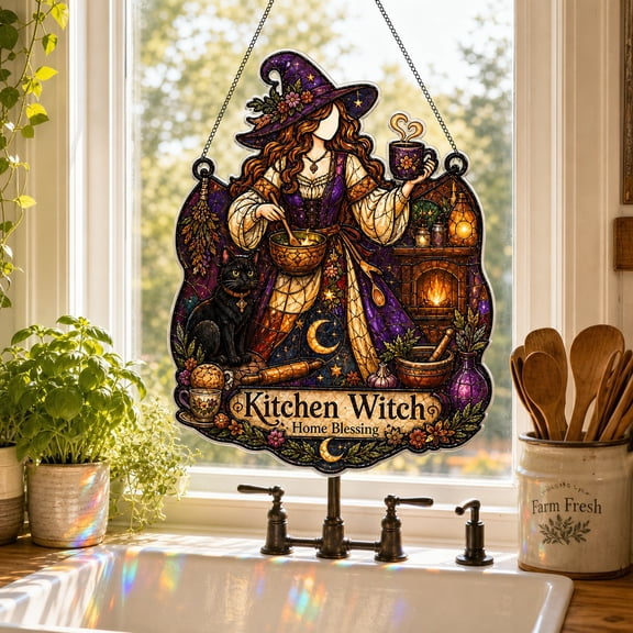 Suncatcher Kitchen Witch Home Blessing Acrylic Window Hanging for Boho Halloween Decor