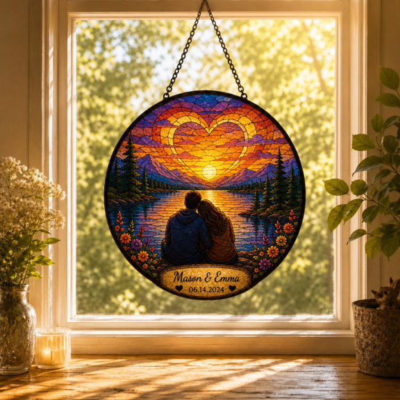 Suncatcher Lake Sunset Couple Stained Glass Window Hanging for Couples