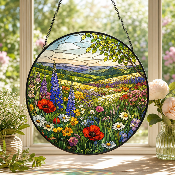 Suncatcher Layered Meadow Panorama Glass Window Hanging for Grandma