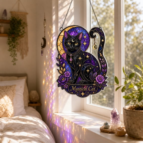 Suncatcher Mystical Cat Acrylic Window Hanging for Cat Lovers and Halloween Decor